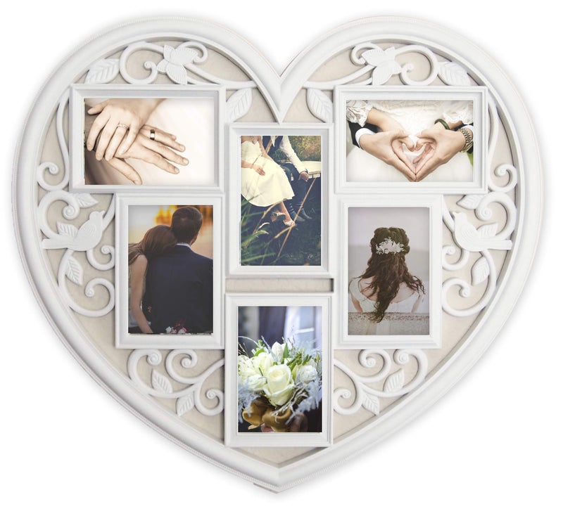 JOICE GIFT White Wall Large Hanging Heart Shape Collage Picture Frame 6 Opening 4" x 6" - Image 1